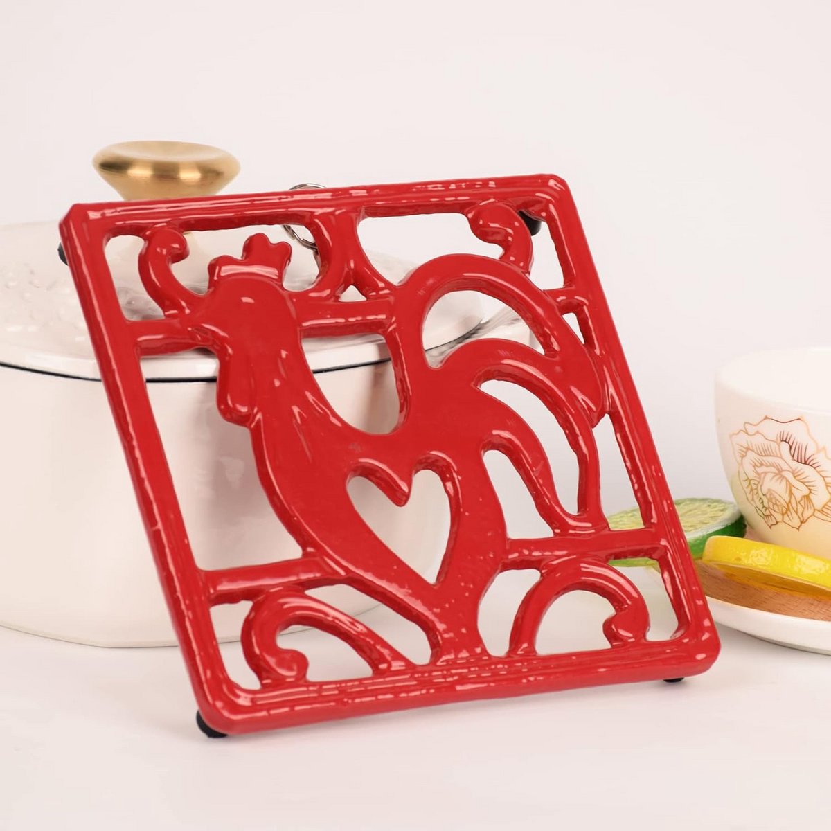 Vierkante Gietijzeren Onderzetter Rood - Hittebestendige Trivet voor Warme Potten en Pannen