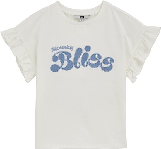 Wit T-shirt met blauwe tekstprint 'Blooming Bliss' en ruches aan de mouwen.