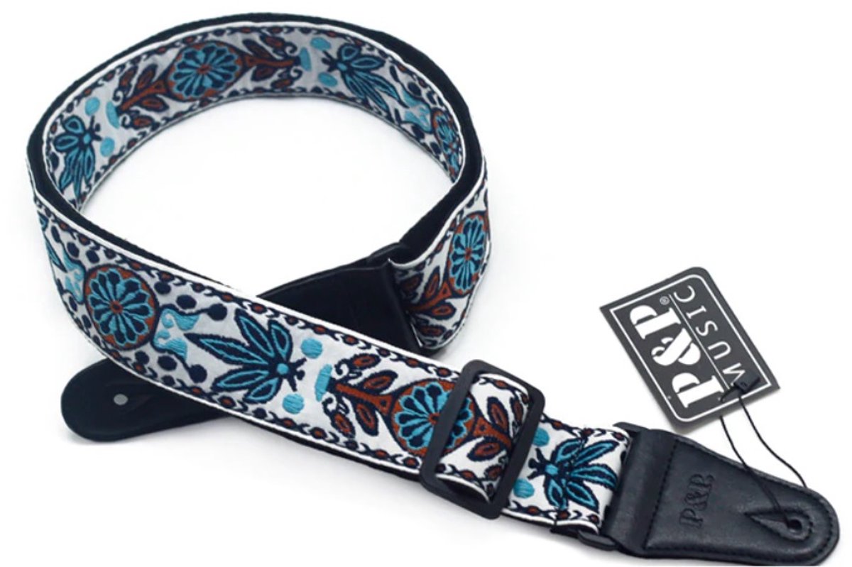 P&P® - Professionele Verstelbare Stevige Gitaarband - Guitar strap Band - Luxe Gitaarriem - Bas/Elektrische /Akoestische/ Klassieke Gitaar - Geborduurd wit - blauw