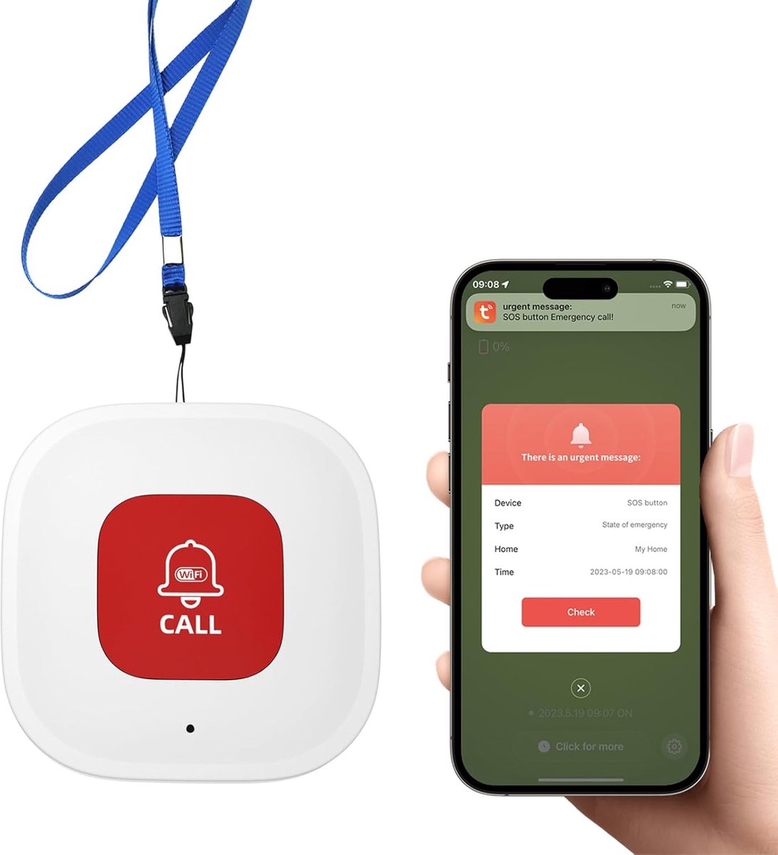 KZQ WiFi Alarmknop voor Ouderen, Senioren Alarm met App Notificaties, Noodoproepknop voor Thuiszorg, Ouderenzorg Monitoring, Caregiver Pager, Life Alert Systeem zonder Maandelijkse Kosten