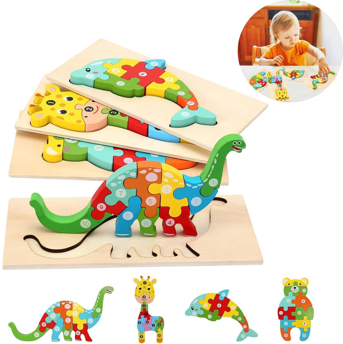 4 Stuks Houten Dierenpuzzels voor Peuters 1-3 jaar - Montessori Educatief Speelgoed met Hert, Dolfijn, Dinosaurus en Beer (22.5x11.5 cm)