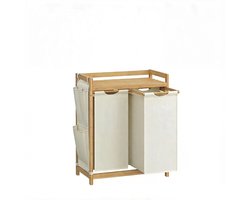 Dubbele compartiment wasmand Grote capaciteit 2x50L Voor gesorteerd opbergen Met plank, zijvak en afneembare waszak Stevig bamboe frame Voor thuis, slaapkamer en woonkamer 63x33x78cm naturel+wit