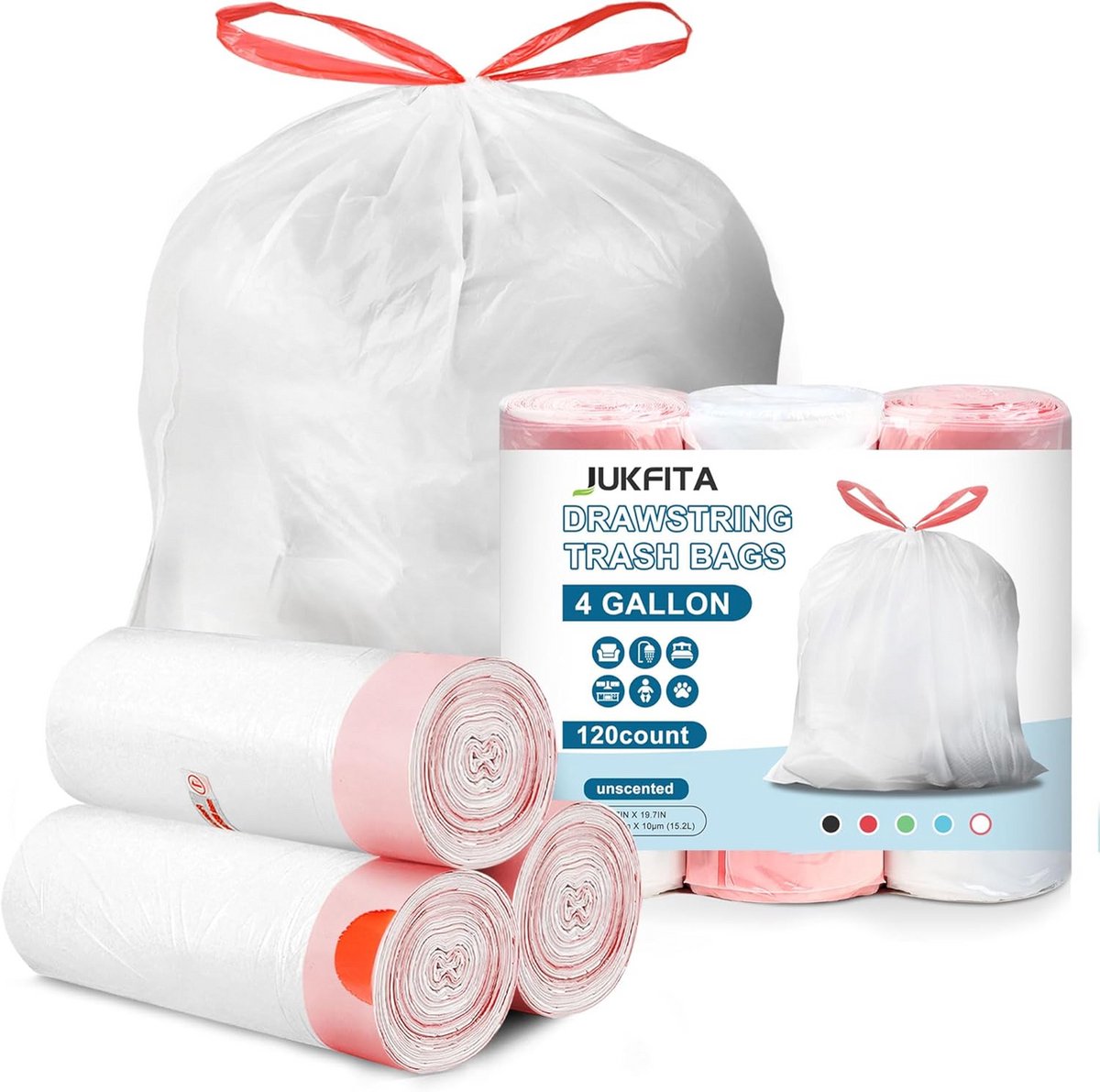 120 Dunne Witte Vuilniszakken met Trekkoord – 4 Gallon – Biologisch Afbreekbaar