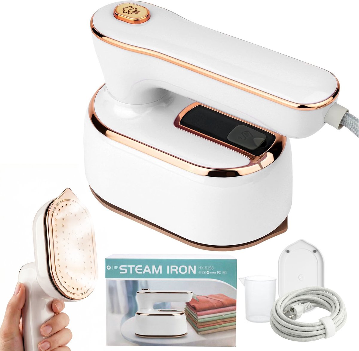 BP® Reisstrijkijzer - Mini Strijkijzer - Kleine Strijkbout - Inklapbaar - 3 Standen - Draagbaar Strijkijzer voor Vakantie & Reizen - 1190W-1300W - Wit Goud