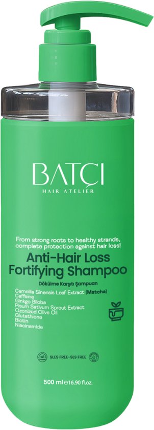 Bouteille verte Batci Anti Haaruitval Fortifying Shampoo avec pompe.
