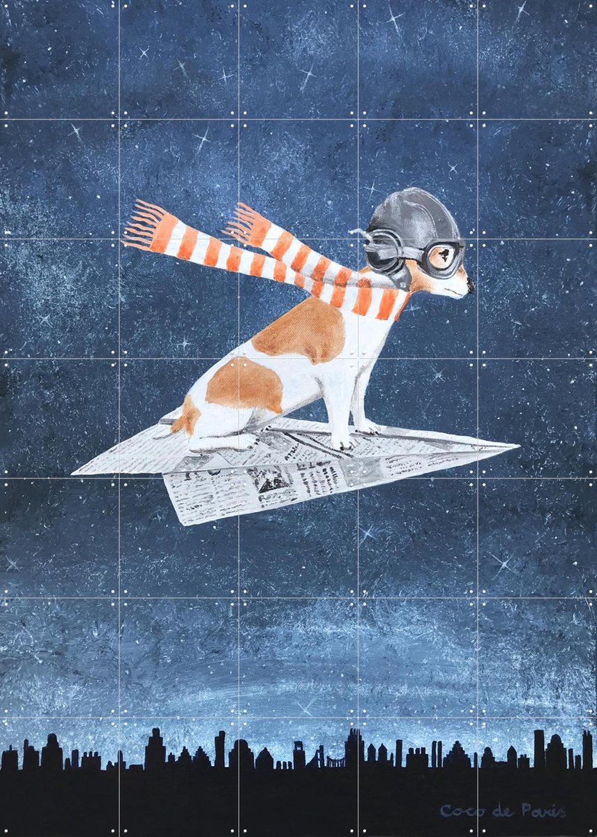 IXXI Jack Russell on paper plane, Coco de Paris - 100 x 140 cm - Gratis ophangtool - Grote wanddecoratie en posters - Fantasierijk, Speels