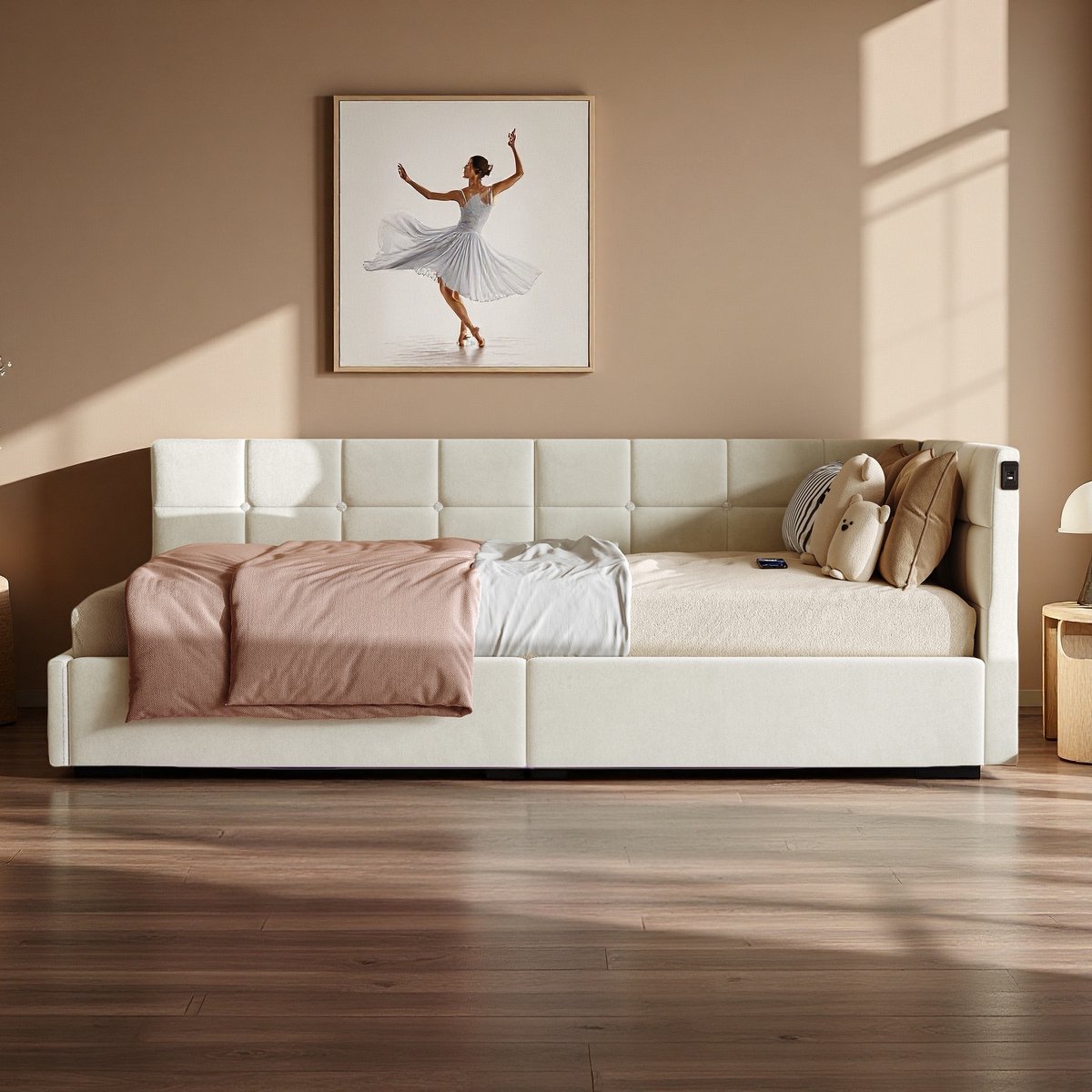 Dagbed, L-vormige slaapbank 90x200cm, eenpersoonsbed, kinderbed, met opbergruimte, oplaadpoort, beige fluwelen stof