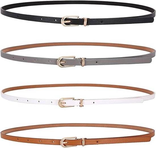 4 Stuks - Dames Riemen - Lengte 105 cm - Riem - Broekriem - Verstelbare Taille Riemen - Wit + Zwart + Karamel + Lichtgrijs - Kunstleer - Modieuze riem - Geschikt voor jeans, jurken, broeken, blazers, jassen - Jurk Accessoire - Cadeau voor Vrouwen