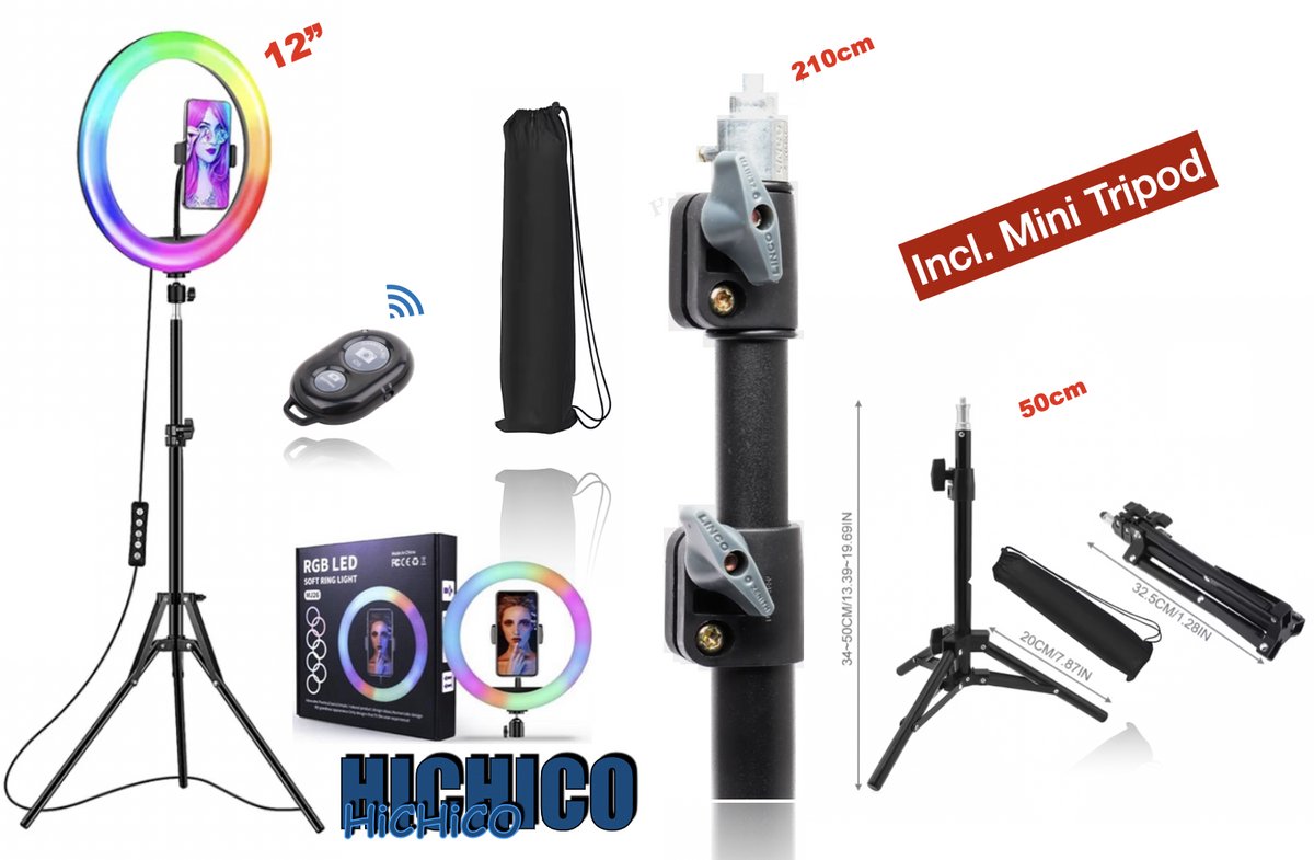 HiCHiCO® Ringlamp met Statief 10 inch / 2M + Mini tripod 50cm