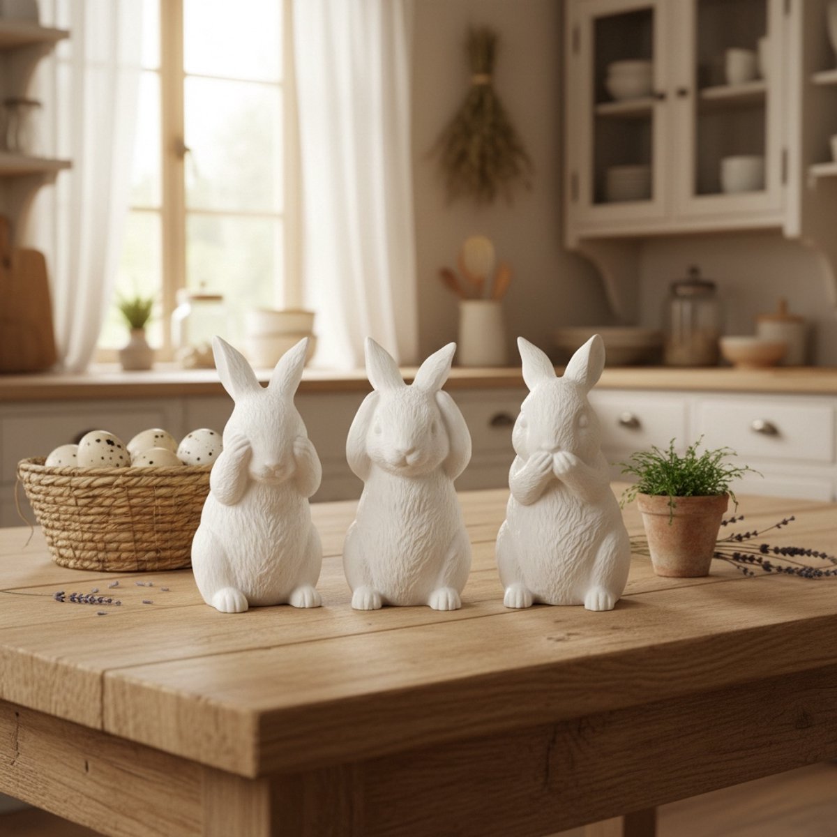 Decoratieve beeldjes pasen Konijntjes Set van 3 stuk - Paasdecoratie - Paasornament - paaskonijn decoratie, paas konijn, paashaas ornament, paasdecoratie konijn, set paaskonijnen, handgemaakte paas konijn