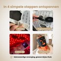 Vier stappen om te ontspannen met het Parvale LED-masker: afstellen, oogbeschermers, licht & tijd, ontspannen. "Salonwaardige verzorging, gewoon bij jou thuis".
