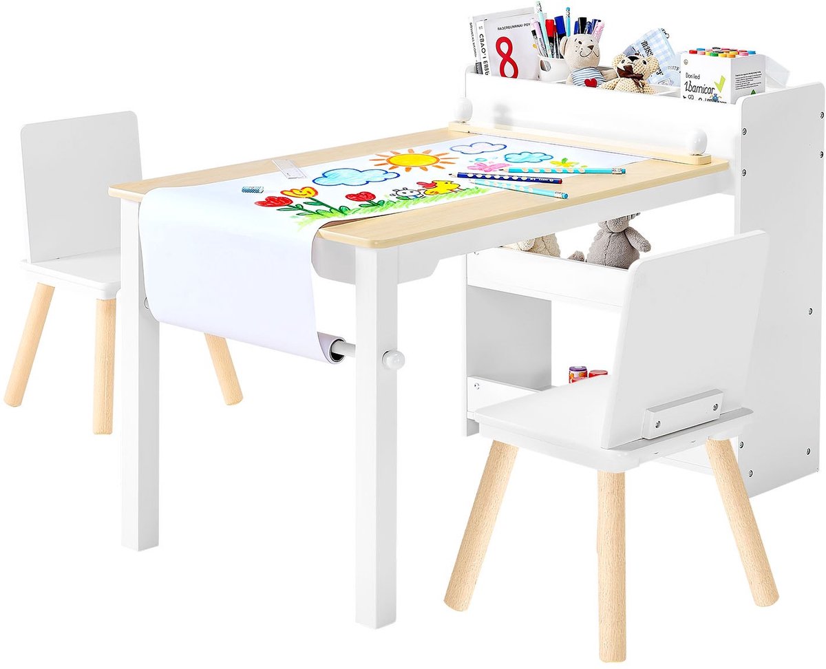 Kindertafel met 2 stoelen - Speeltafelset - Met 3-laags opbergkast - Speel- en knutseltafel - Voor tekenen en schrijven - Wit