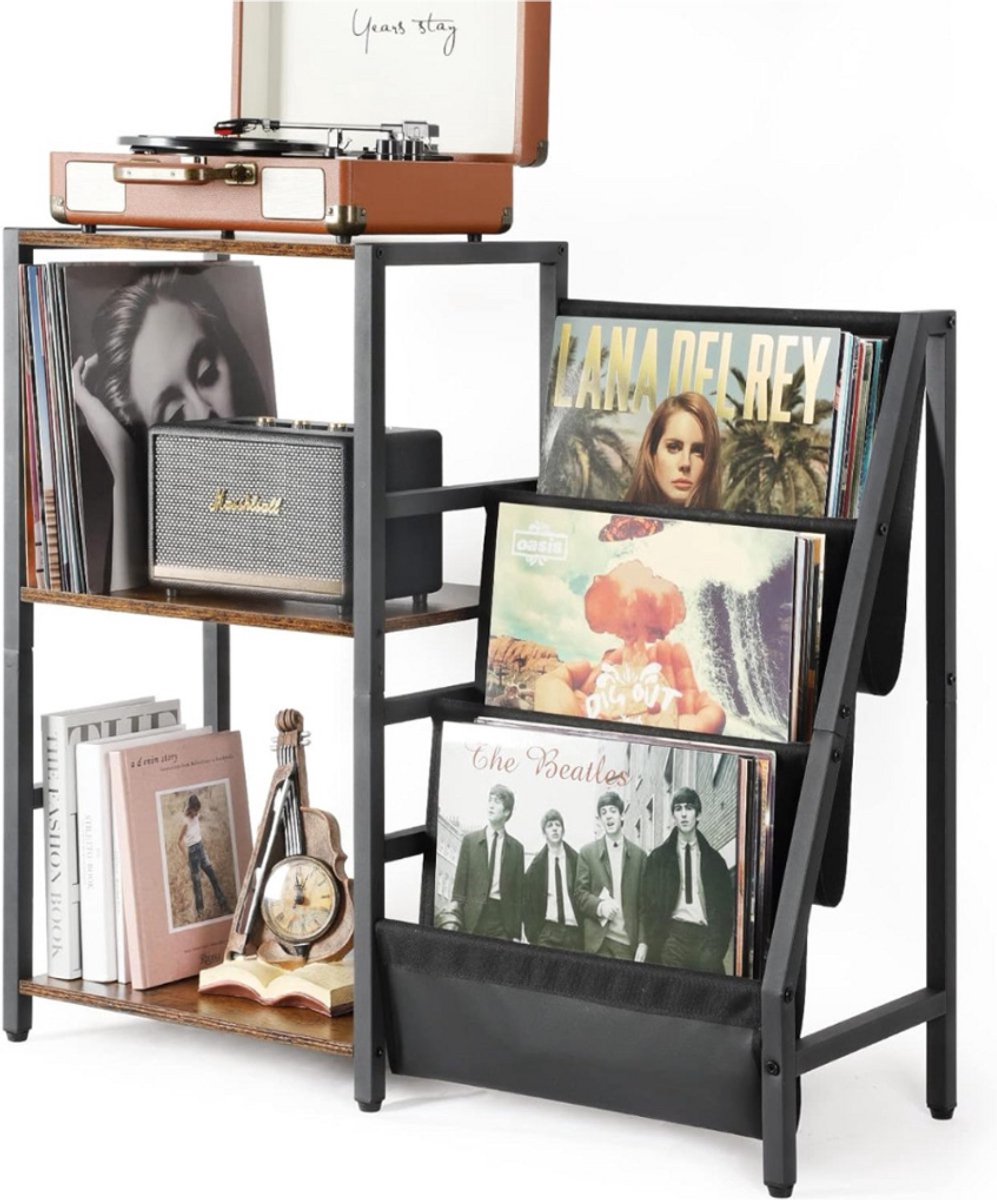 NBAP® Platenspeler Meubel – Stand Platenspelerstandaard Met Vinyl Opbergsysteem - RustiekePlatenopbergkasthouderr - Zwart