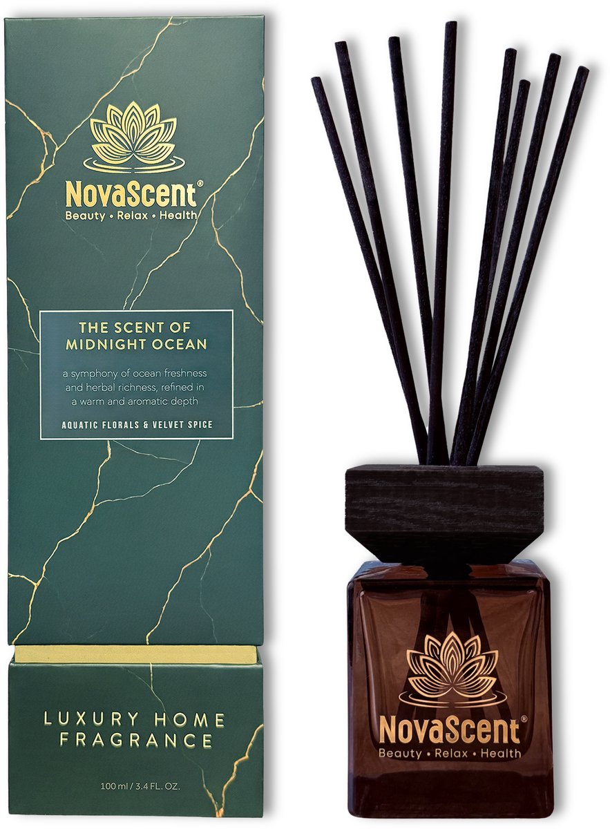 NovaScent® Home Fragrance - Midnight Ocean (100 ml) - Aquatic Florals & Velvet Spice - Rijke aroma’s - Sterk geconcentreerd - Geurstokjes - Etherische oliën - Aromatherapie - Fragrance Sticks - Huisparfum