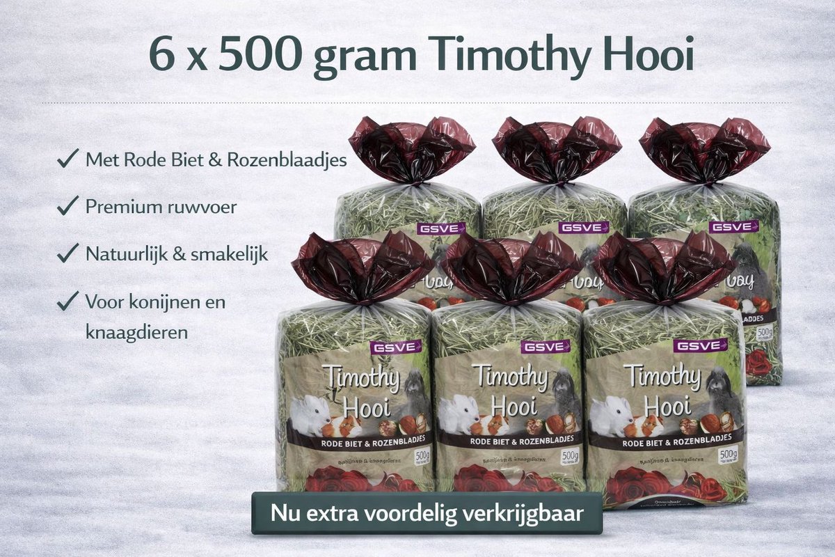 ESVE Timothy Hay Kruidenhooi - Ruwvoer - Rode Biet & Rozenblaadjes - 6 x 500 gr. konijnenvoer.