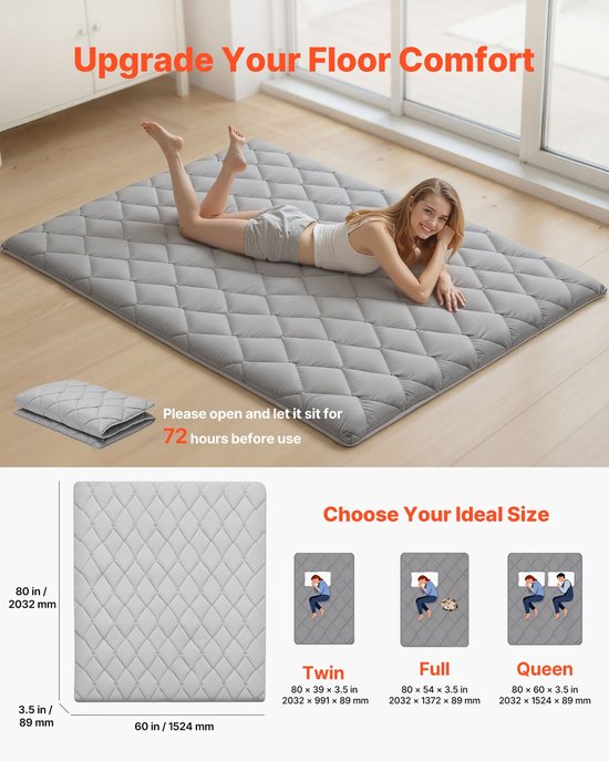 Japanse futonmatras - Opvouwbare tatami vloermatras - Maat 203,2 x 152,4 x 8,9 cm - Queen size 2-persoons - 9-laags - Opbergtas en bevestigingsset - Yoga & meditatie - Grijs — afbeelding 3