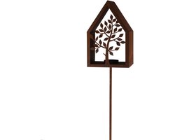 Dekoratief | Tuinprikker theelichthouder huis m/boom, roest, metaal, 15x130cm | A260484