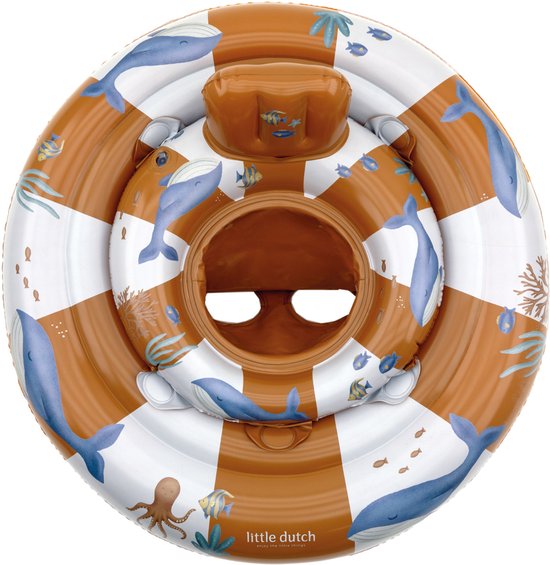 Babyzwemband met een bruin-wit geblokt patroon, afgebeeld met blauwe walvissen, octopussen en vissen. Merk: Little Dutch.