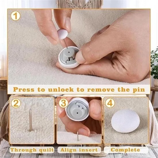 Instructies voor het gebruik van de dekbedclips: pin door quilt, lijn in, en compleet.