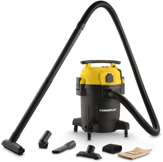 Gele en zwarte Powerplus nat-droog stofzuiger met slang, steel en accessoires.