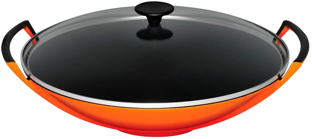 Le Creuset Gietijzeren wok in Oranjerood met glazen deksel 36cm 4,5l
