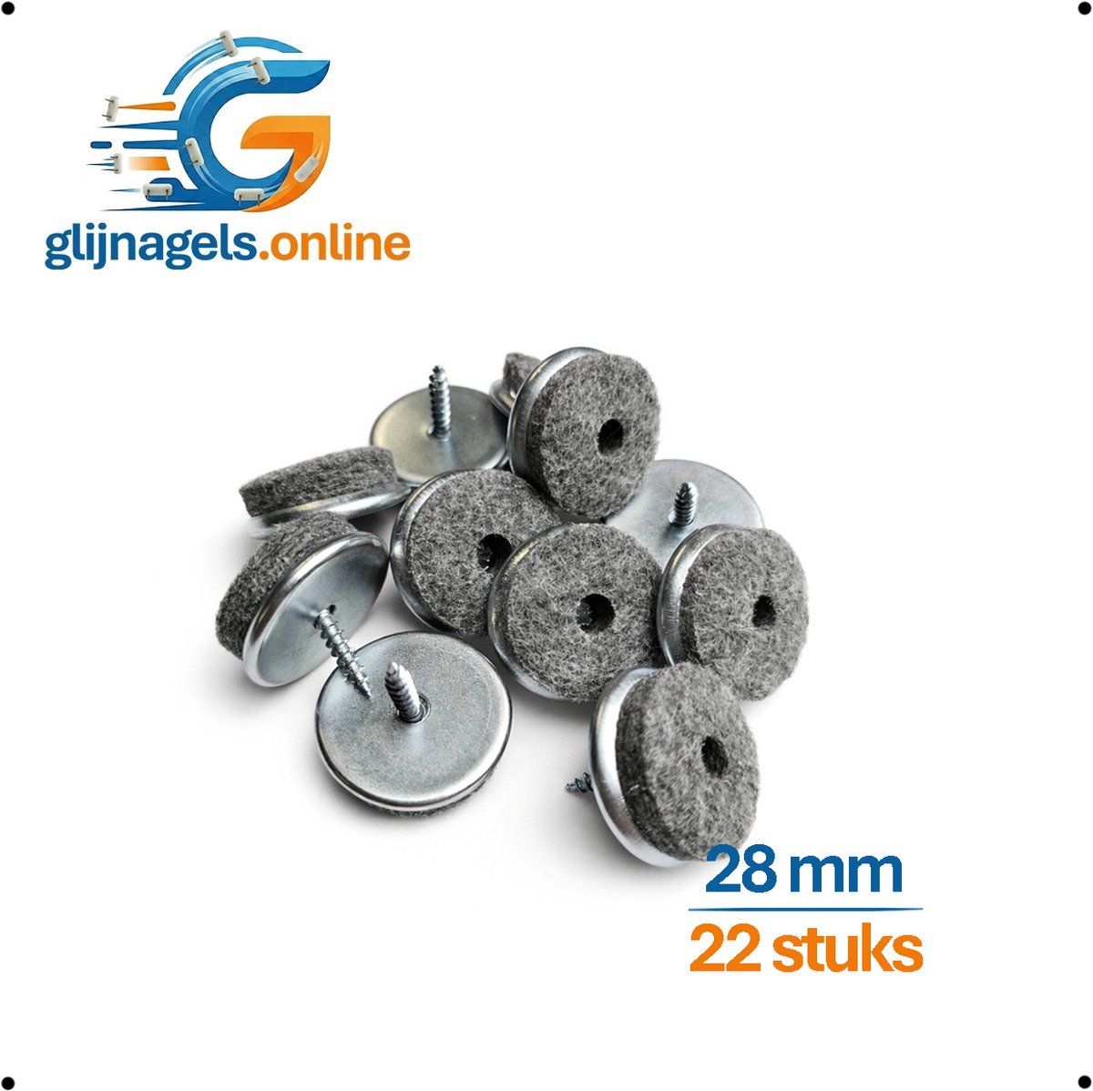 22 STUKS PREMIUM VILTGLIJNAGEL 28 mm metaal – Metalen meubelglijder met vilt – Stoelpoot glijder – Meubelglijder rond – Vloerglijder – Vloerbeschermer tegen krassen – Geluiddempend – Meubelvilt – Voor stoelen, tafels en kasten - Vloerbescherming