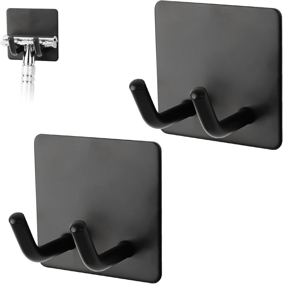 Allecto - Scheermeshouder - Zelfklevend - Roestvrijstaal - Wandmontage - Scheerhaken - Kleverige hanger - Gillette Venus Platinum - Fusion 5 Proshield - Mach 3 Classic - Zwarte scheermeshouder voor douche, 2 stuks.