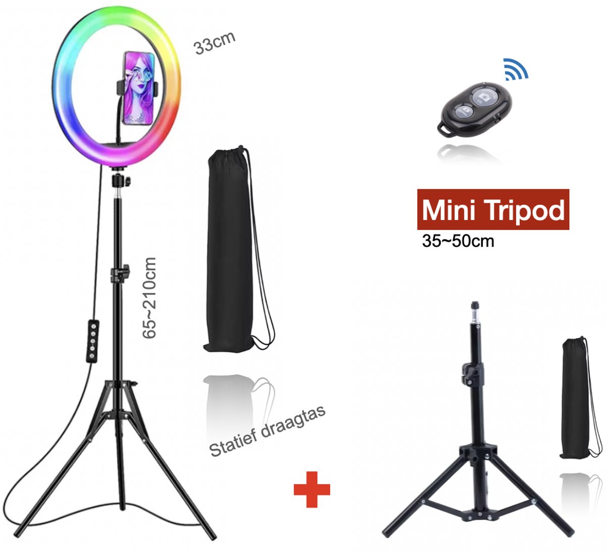 HiCHiCO® RGB Ringlamp met Statief 12inch / 2M + Mini tripod 33~50cm