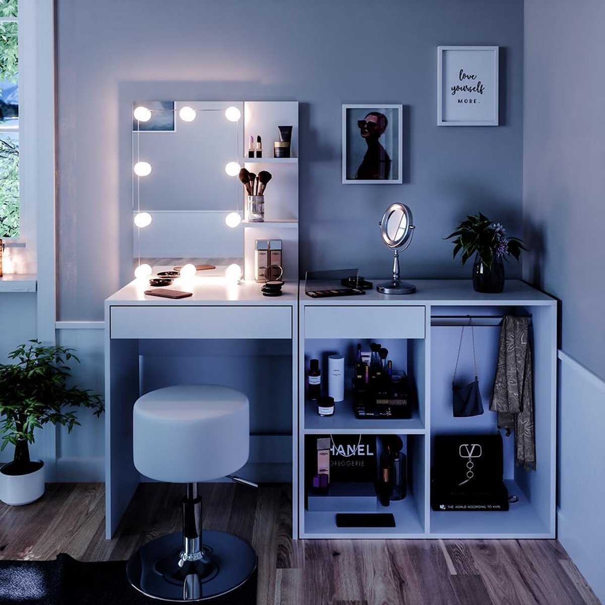 Moderne Kaptafel Set met Kruk, Kast en LED Make-up Verlichting