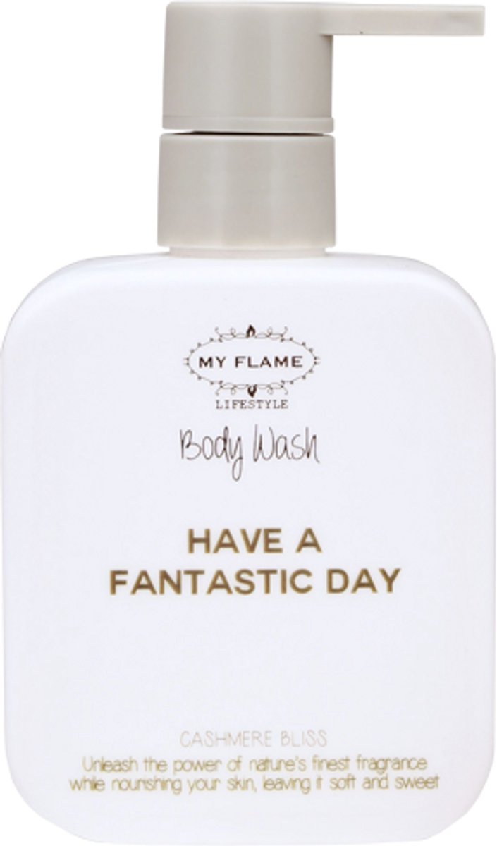 MY FLAME - Douchegel - HAVE A FANTASTIC DAY - Geur: Cashmere Bliss - Maat: 8 x 5 x 14 cm (inclusief pompje) - Inhoud: 330 ml
