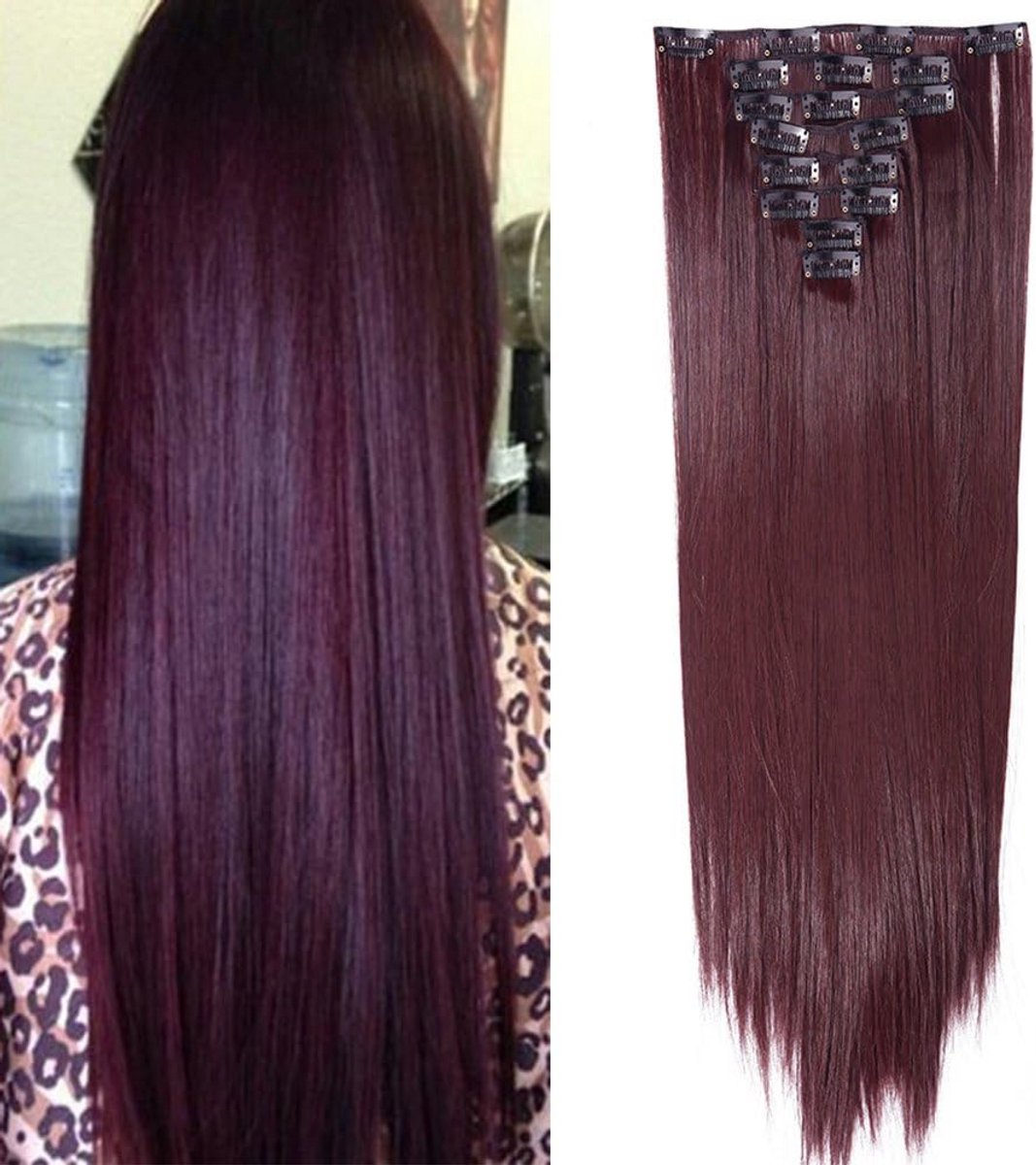 Clip in Extensions Haarverlenging 8 Strengen 58cm Steil Wijnrood