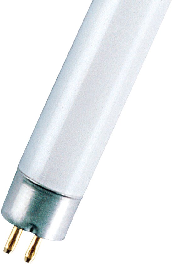 Zilverkleurige fitting met twee gouden pinnen aan het uiteinde van een witte TL-buis.