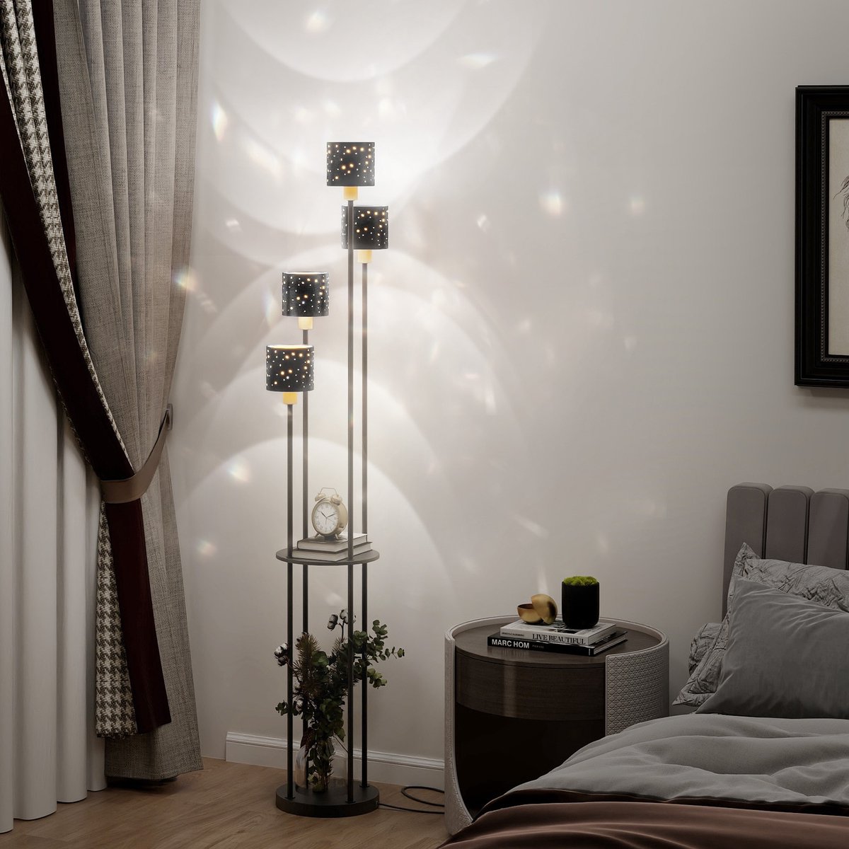 Puluomis - Vloerlamp - Lamp met 4 koppen - Planklamp - Metalen voet - E14 - Stervormige lampenkap - Zwart