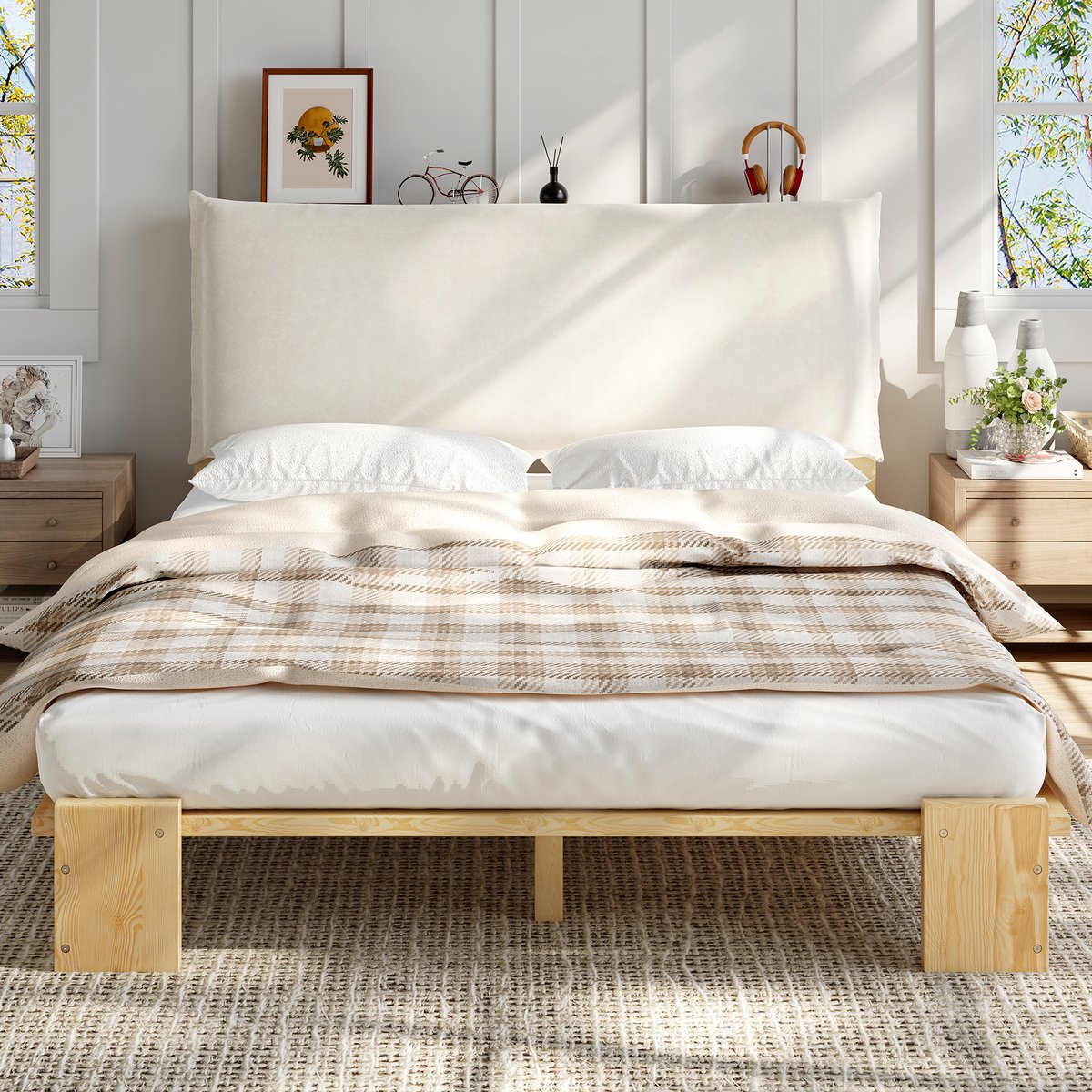 Gepolsterd Bed - 140x200 cm - Met Rugleuning - Stevige Lattenbodem - Grenenhout - Natuur