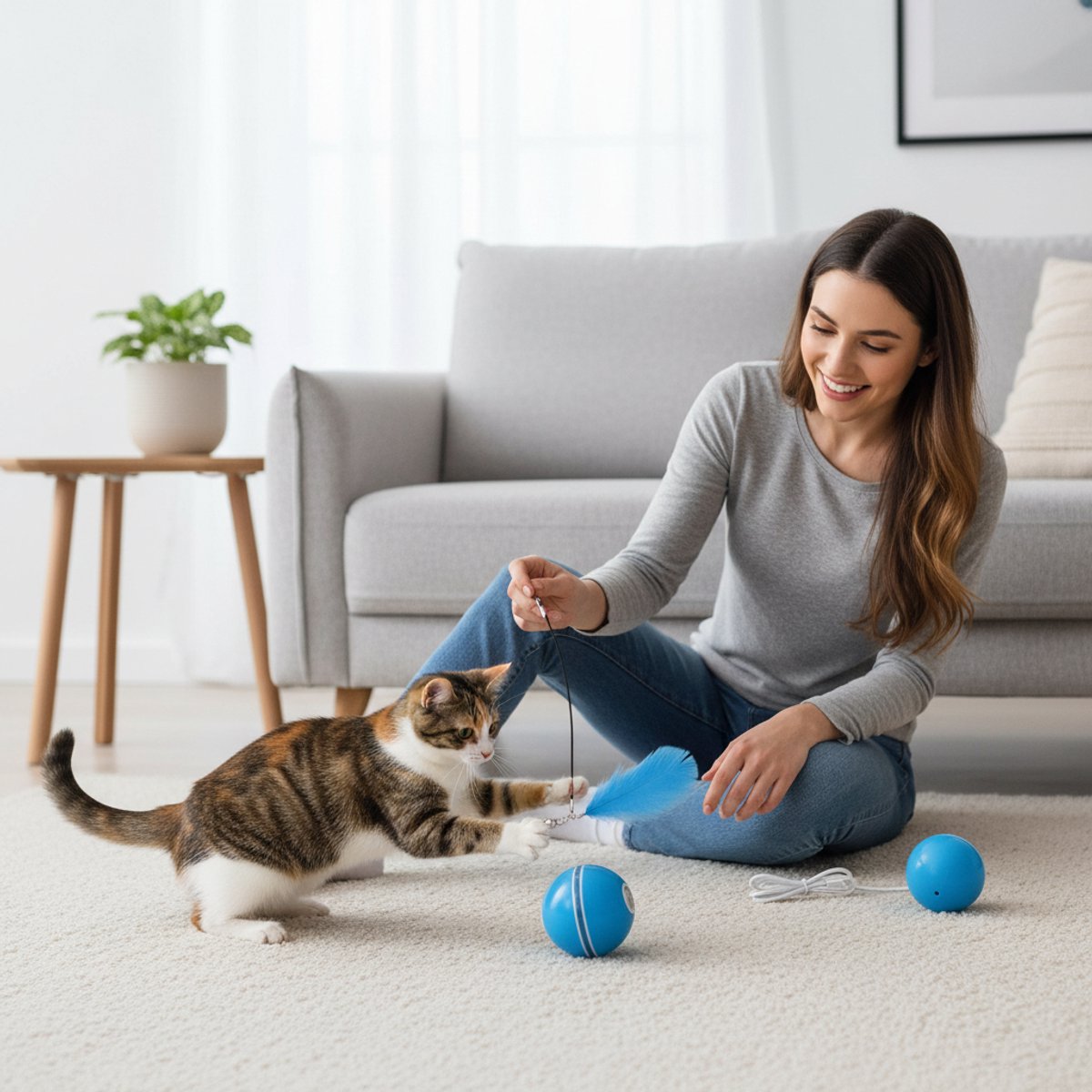 CHIWIN Interactieve Kattenbal – Elektrisch Kattenspeelgoed met LED Licht – Automatisch 360° Bewegende Kattenbal – USB Oplaadbaar Kattenspeeltje – Blauw