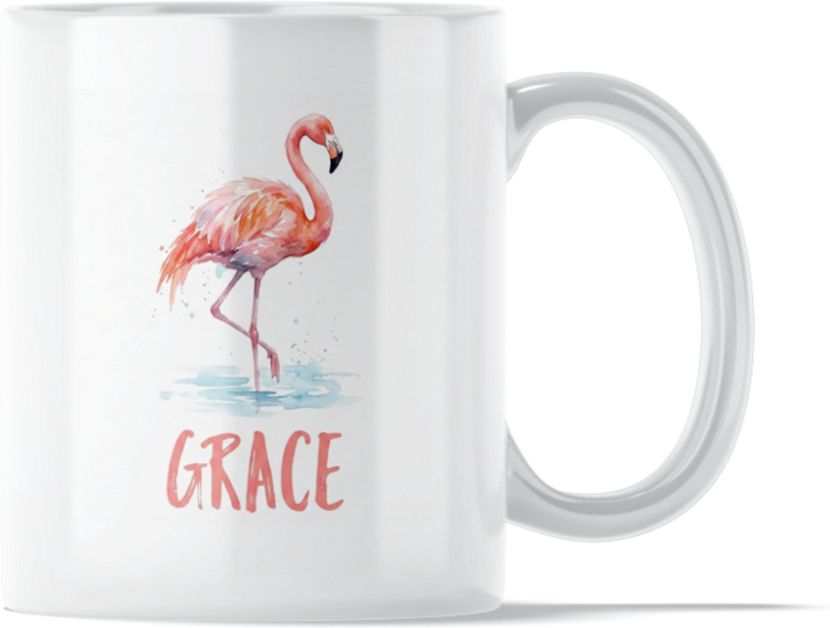 Mok met Aquarel Flamingo & Tekst "Grace" - Keramische Koffiemok uit de "Aquarel Series" - Elegante Vrouwelijke Roze Tropische Vogel Print - Elegant Yoga Balans & Dans Cadeau voor Haar - Stijlvolle Dieren Theemok