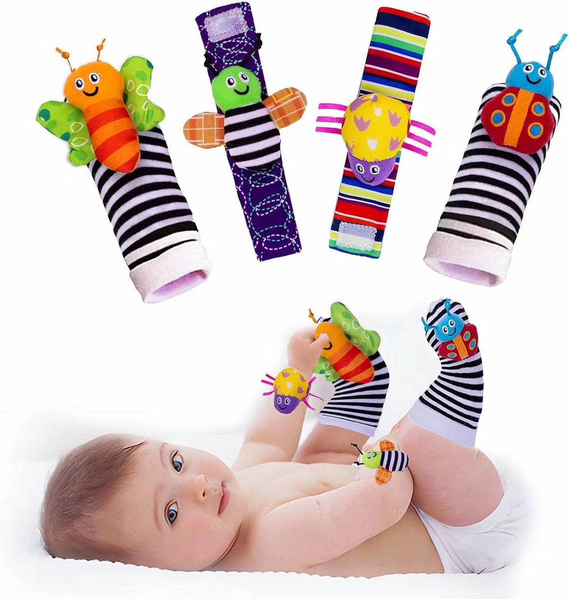 4-delige Baby Rammelaar Speelgoed Set Sokken en Polsbandjes Sensoriële Ontwikkeling 0-12 Maanden