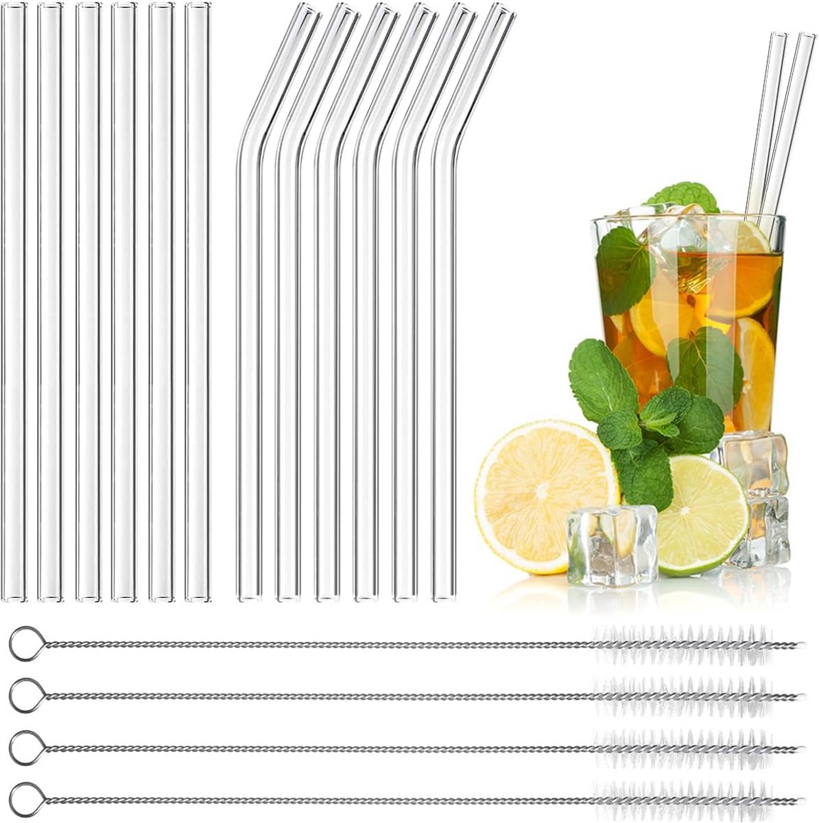 16-Delige Set Herbruikbare Glazen Rietjes voor Bubble Tea, Smoothies en Cocktails