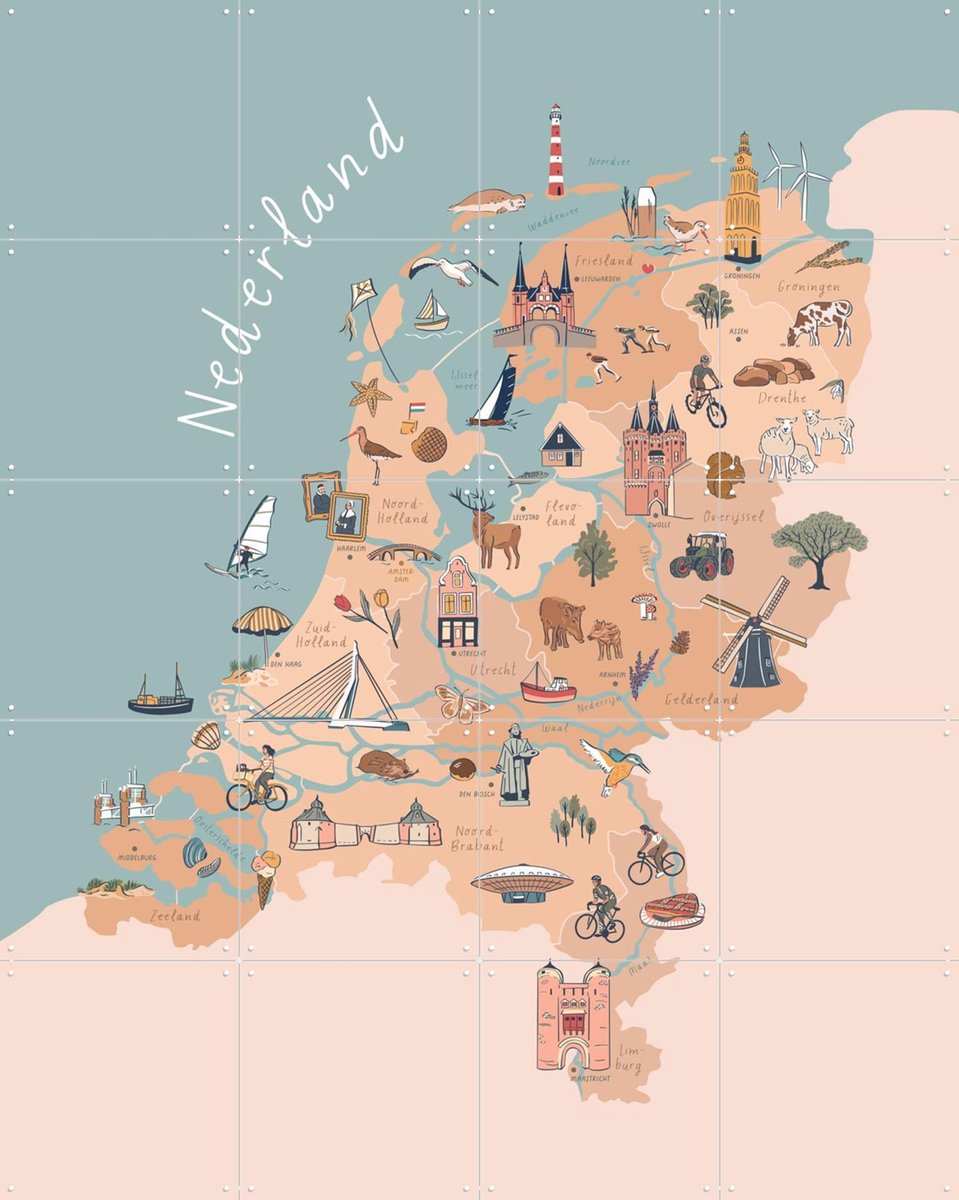 IXXI The Netherlands Illustration, Revista Ontwerp & Kunst in Kaart - 80 x 100 cm - Gratis ophangtool - Grote wanddecoratie en posters - Illustraties