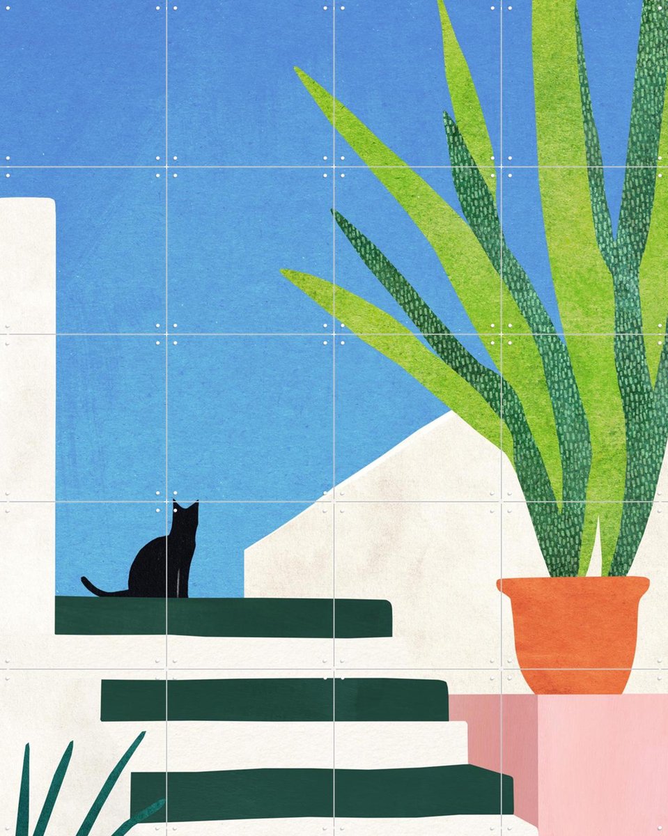 IXXI Cat on Greek Island, Henry Rivers - 80 x 100 cm - Gratis ophangtool - Grote wanddecoratie en posters - Geometrische Kunst, Illustraties