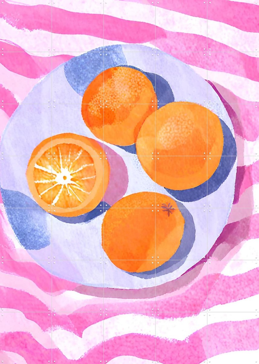 IXXI Orangen auf Teller, Ohkimiko & Various - 100 x 140 cm - Gratis ophangtool - Grote wanddecoratie en posters - Speels, Kleurrijk, Aquarel