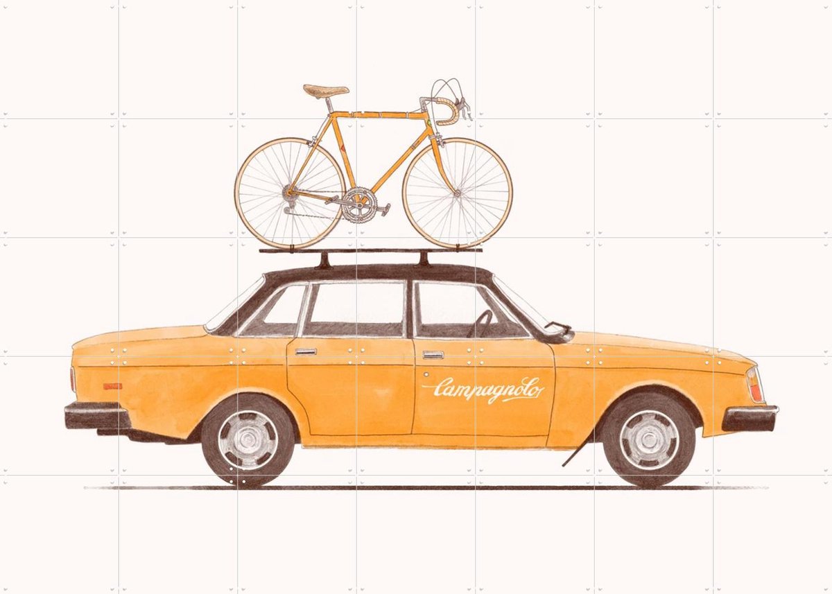 IXXI Yellow Vintage Car with Race Bike, Florent Bodart - 140 x 100 cm - Gratis ophangtool - Grote wanddecoratie en posters Kinderkamer, Kinderen