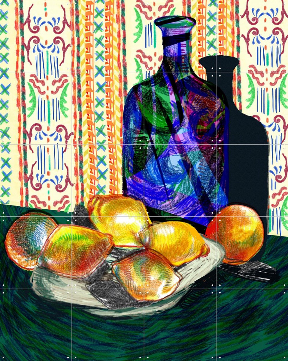 IXXI Carafe and Dish with Citrus Fruits, Marylène Madou & Van Gogh 21st Century - 80 x 100 cm - Gratis ophangtool - Grote wanddecoratie en posters -