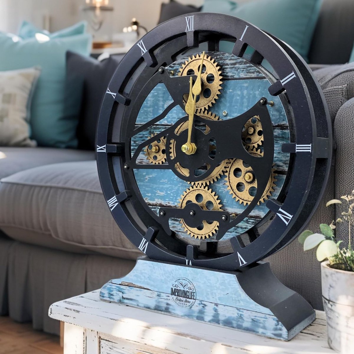 Mechanische Tandwielen Wandklok of Tafelklok 25 cm Aqua Groen