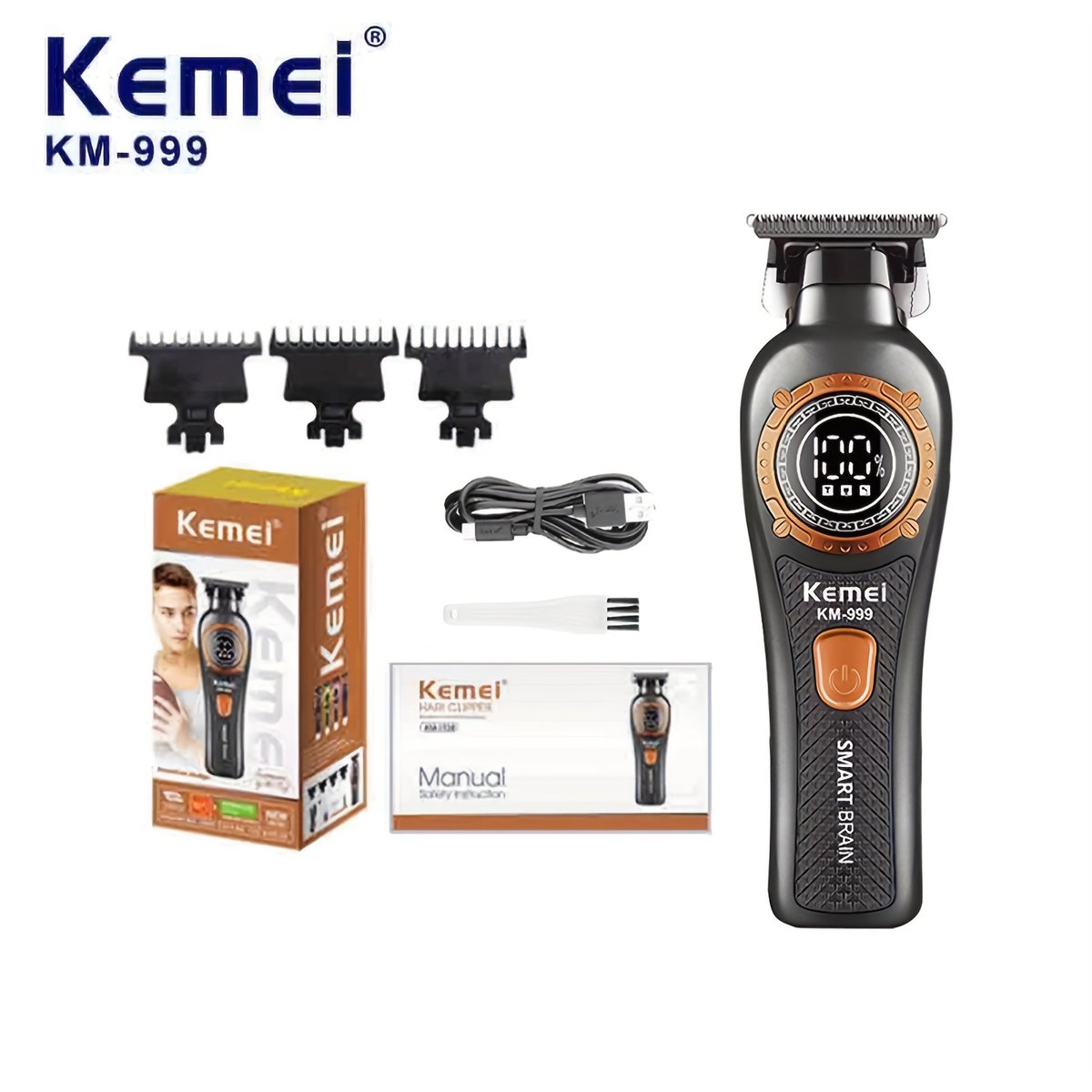 Professionele Kemei KM-999 Draadloze T-Blade Tondeuse – Digitale Display – Oplaadbaar – Inclusief 3 Opzetkammen – Voor Barbiers & Thuisgebruik