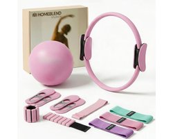 Homeblend 10-Delige Pilates Set - Roze - Gewichten, Weerstandsbanden, Sokken, Bal & Ring - Fitness Set voor Thuis Workout - Pols- & Enkelgewichten, Weerstandsbanden & Antislip Sokken - Work-out Set - Fitness Set