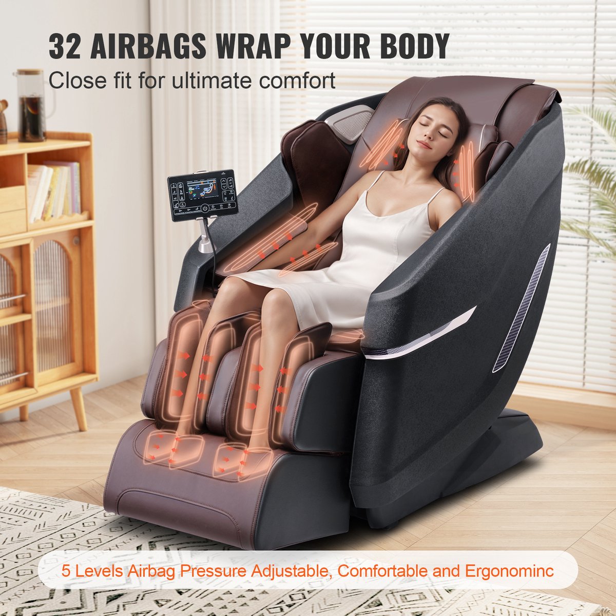 VEVOR Massagestoel met Flexibele SL-Rail, 3D Full Body Shiatsu-Massageapparaat, Zwaartekrachtvrij, 10 Tot 18 Automatische Modi, Verwarming, Bluetooth-Luidspreker, Luchtkussen en Touchscreen 160 KG – foto 8
