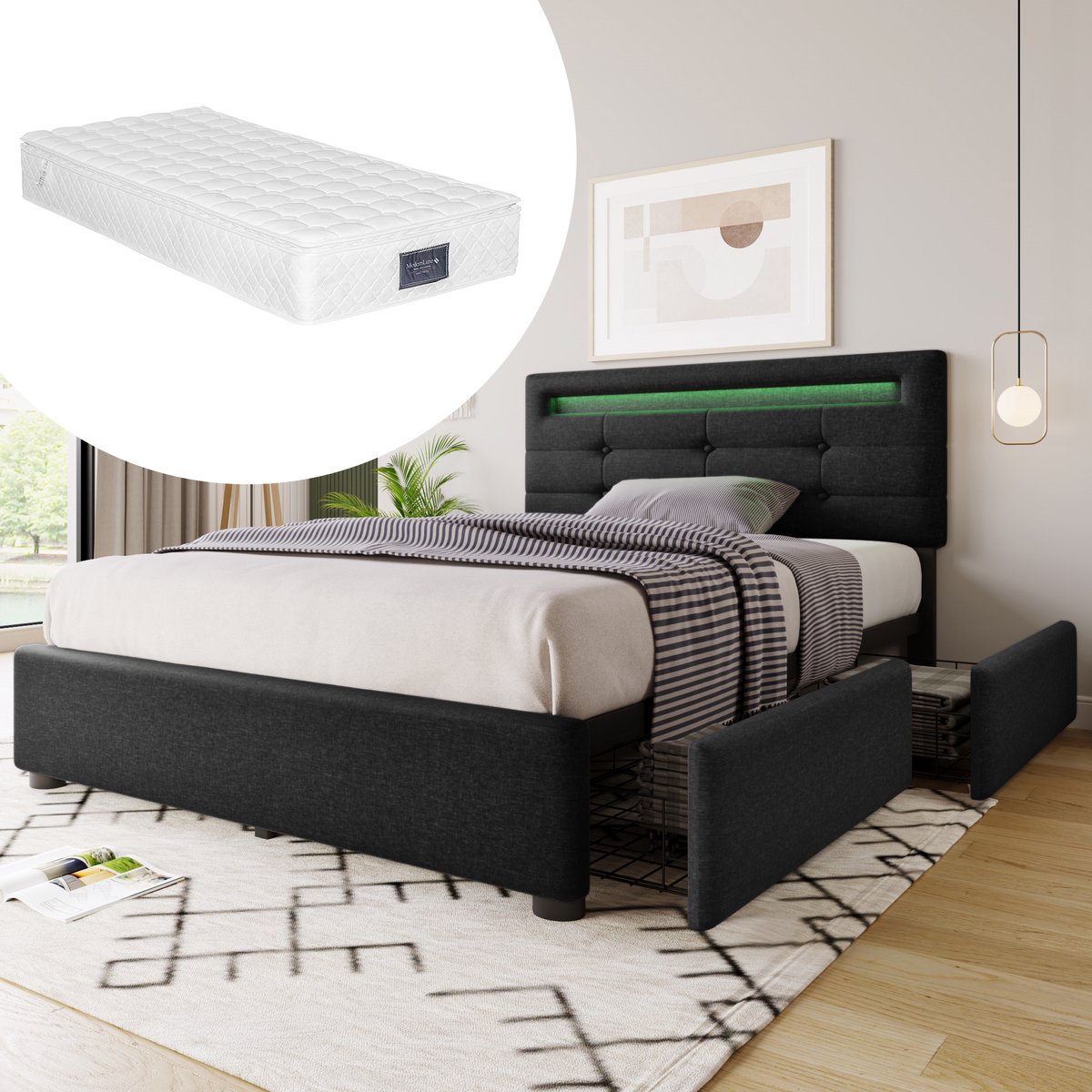 FloraGrace Gestoffeerd Bed 90x200cm – Eenpersoonsbed Met Led Verlichting – Verstelbaar Hoofdbord – 2 Lades – Met Matras – Linnen – Zwart