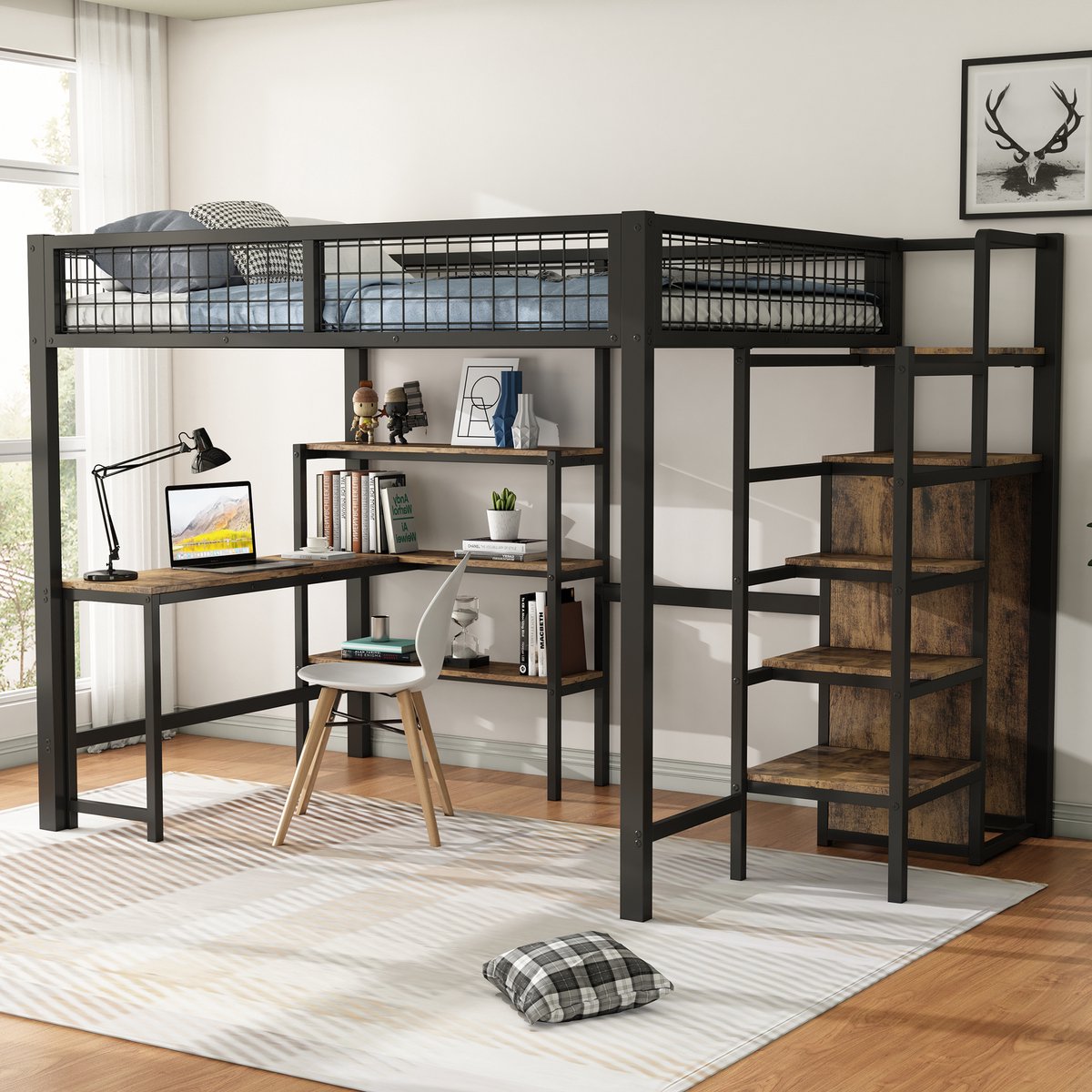 FloraGrace Hoogslaper 140x200cm – Met Bureau En Kledingkast – Met Planken En Opbergruimte – Voor Slaap En Studeren – Metaal En MDF – Zonder Matras – Zwart