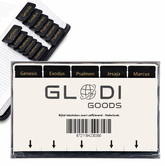 Zwarte zelfklevende bijbel-tabbladen met gouden tekst, op een bijbel en in verpakking met logo "GLODI GOODS".